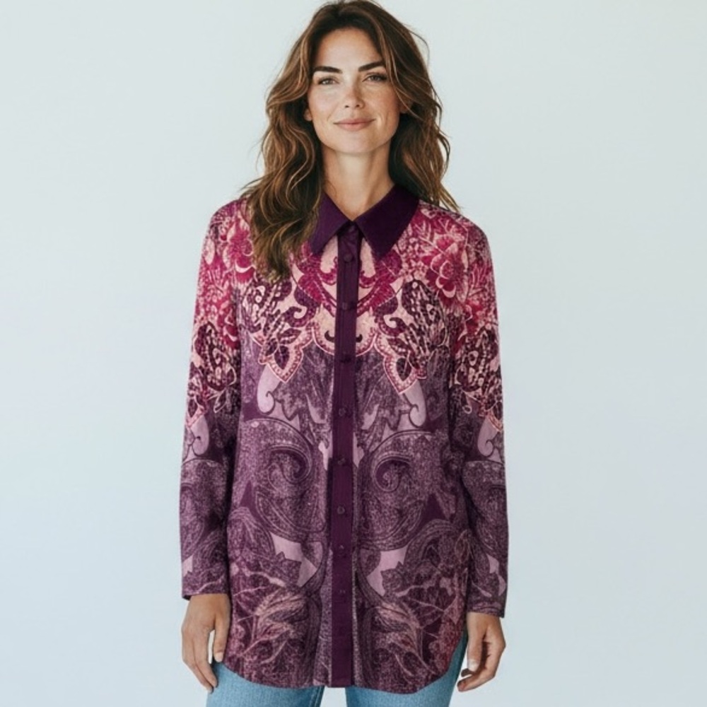 Soft Surroundings Women's M Button Knit Tunic Blouse Top Pink Paisley